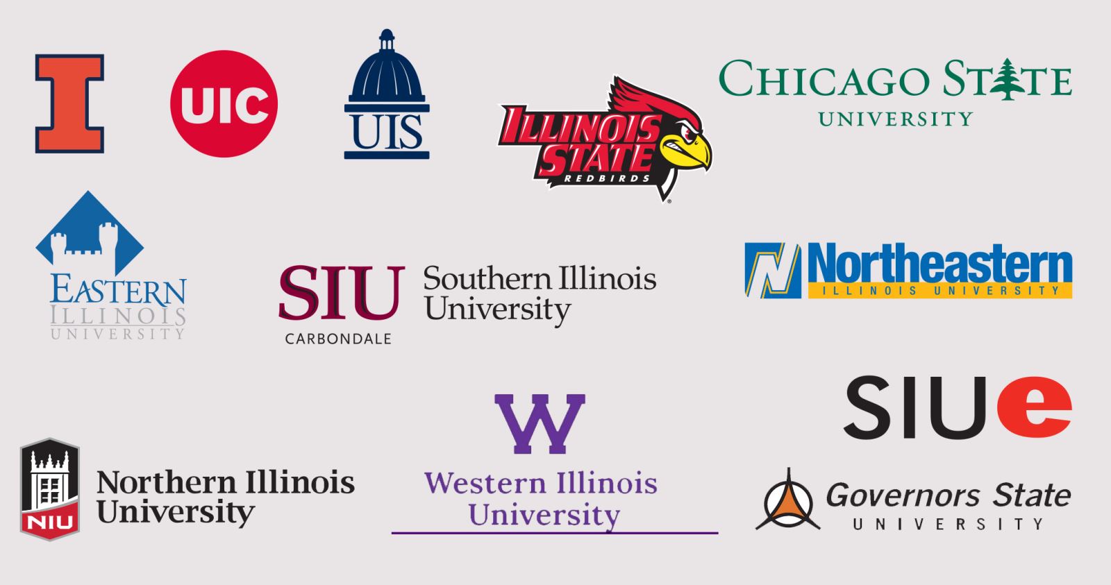 A collage of logos for UIUC, U I C, UIS, CSU, EIU, SIU Carbondale, NEIU, NIU, Western Illinois University, SIUe, and Governor's State University.